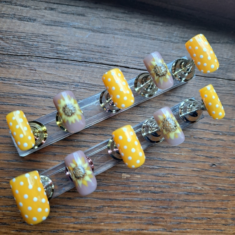 Sunflower Yellow Polka Dot Custom Hand Painted Salon Press On Nails